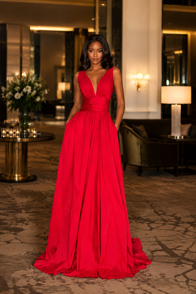 Simple Red Satin Spaghetti Straps Deep V-Neck A-Line Prom Dress With Pockets, PD4253