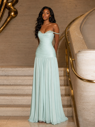 Elegant Mint Green Off Shoulder Ruched Chiffon A-Line Formal Dress, PD4255