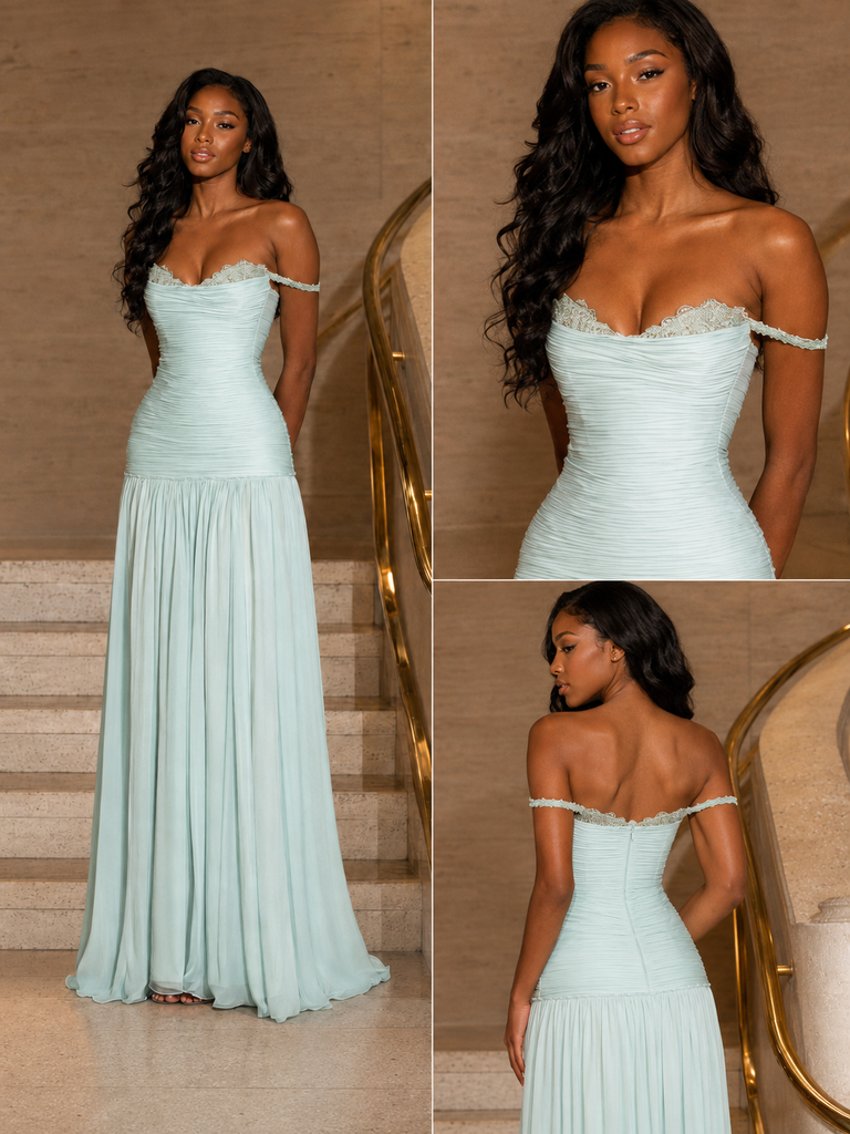 Elegant Mint Green Off Shoulder Ruched Chiffon A-Line Formal Dress, PD4255