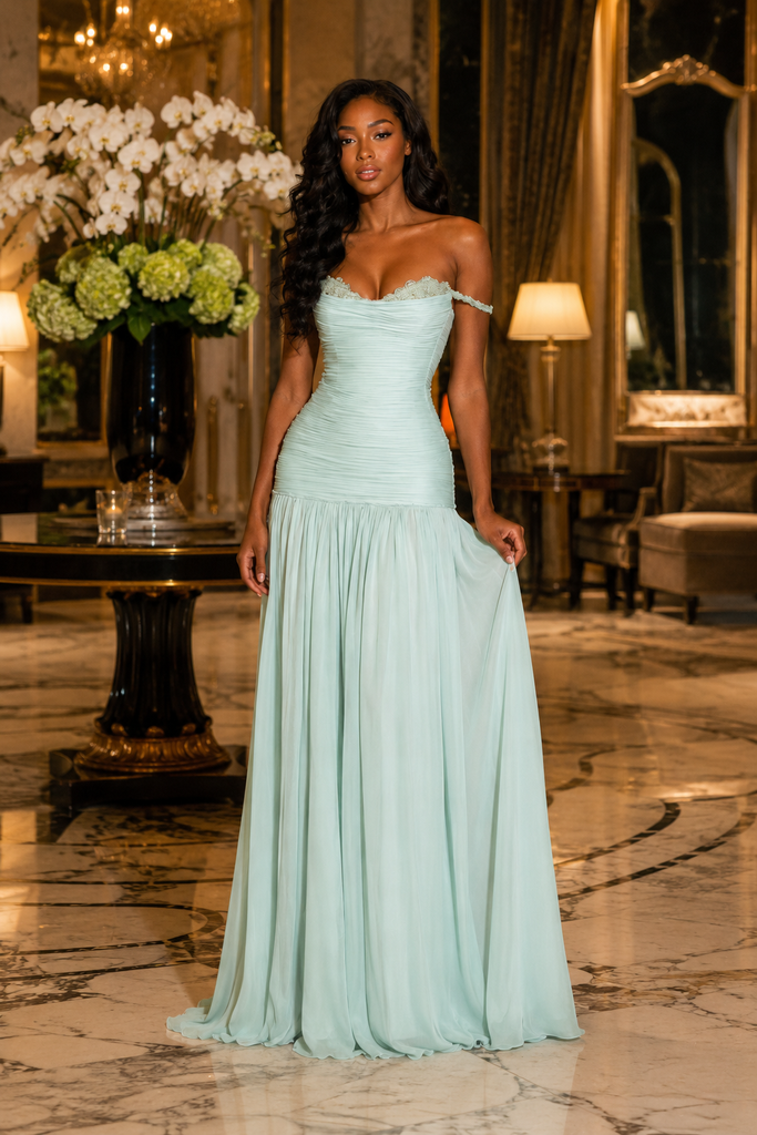Elegant Mint Green Off Shoulder Ruched Chiffon A-Line Formal Dress, PD4255