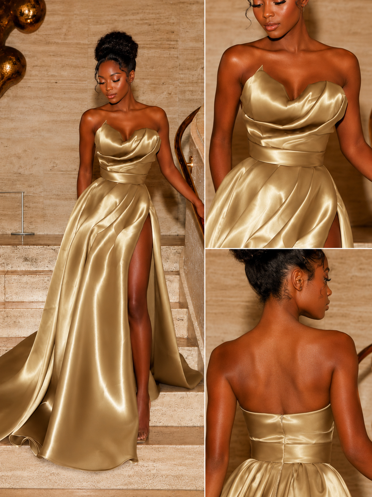 Luxury Gold Strapless Ruched A-Line Prom Dress With Slit And Train, PD4254