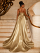 Luxury Gold Strapless Ruched A-Line Prom Dress With Slit And Train, PD4254