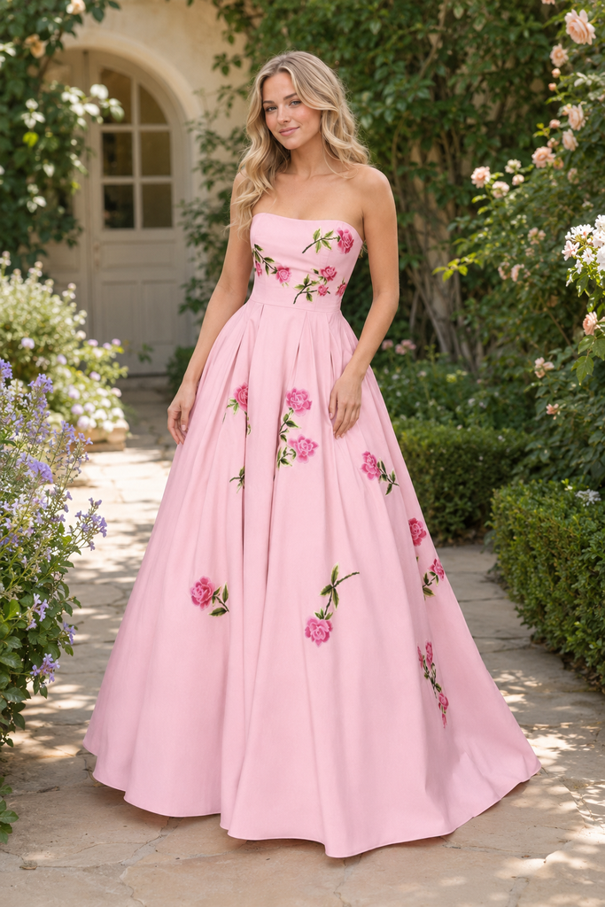 Pink Strapless Floral Embroidered A Line Prom Dress, PD4256