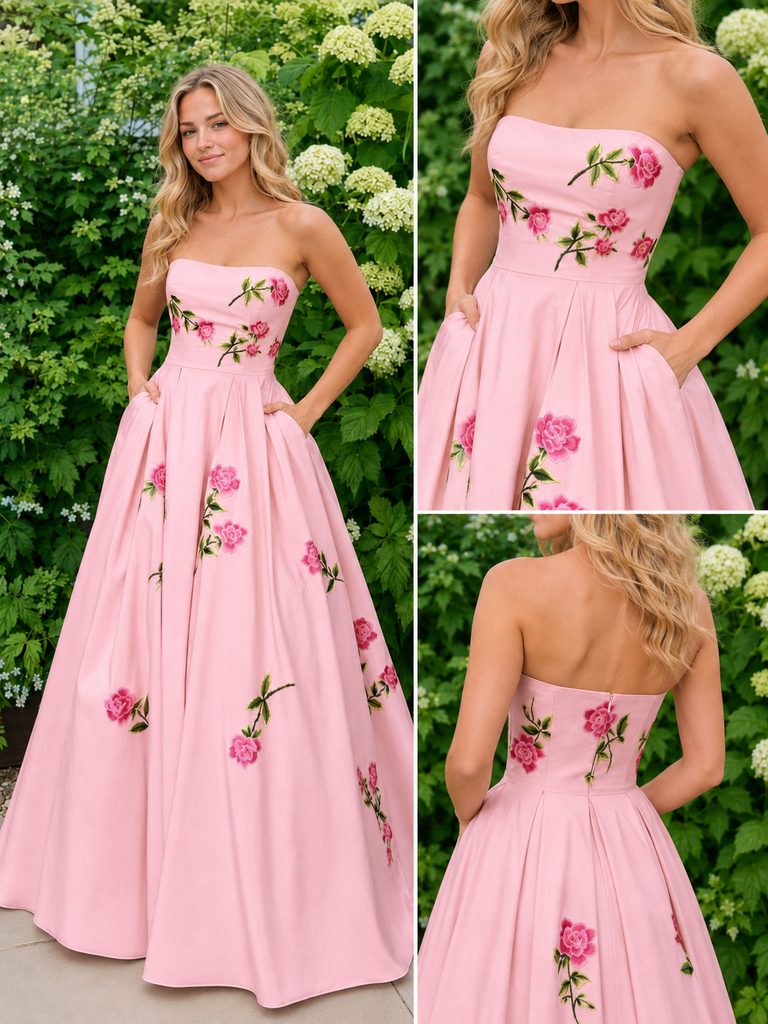 Pink Strapless Floral Embroidered A Line Prom Dress, PD4256