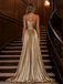 Gold Pleated Satin Side Slit A-Line Formal Gown With Sequin One Shoulder, PD4258