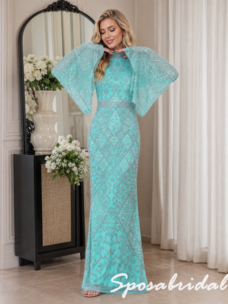 Turquoise Beaded High Neck Flared Long Sleeve Mermaid Formal Evening Gown, PD4259