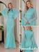 Turquoise Beaded High Neck Flared Long Sleeve Mermaid Formal Evening Gown, PD4259