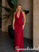 Burgundy Halter Ruched Jersey Fitted Long Formal Maxi Dress, PD4262