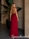 Burgundy Halter Ruched Jersey Fitted Long Formal Maxi Dress, PD4262