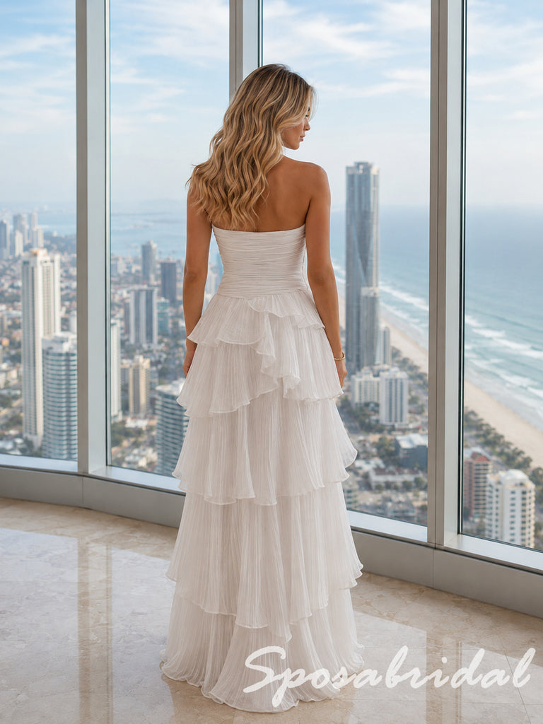 Ivory Pleated Crinkle Strapless Tiered Ruffle Flowy Maxi Wedding Guest Dress, PD4269
