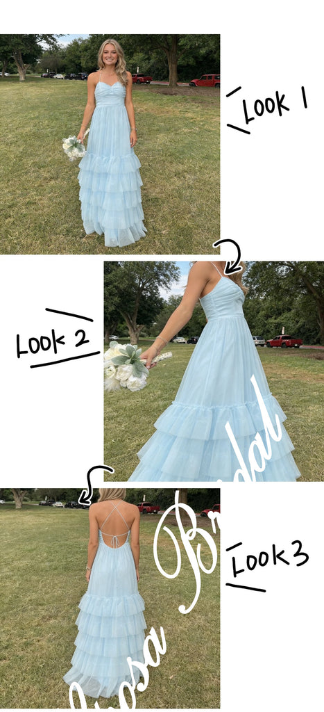 Elegant Chiffon Spaghetti Straps Ruffled Criss Cross A-Line Floor Length Prom Dress, PD4089