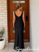 Elegant Black Satin Spaghetti Straps Cowl Mermaid Maxi Formal Evening Dress, PD4272