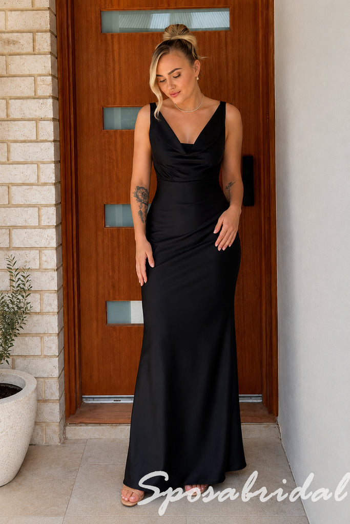 Elegant Black Satin Spaghetti Straps Cowl Mermaid Maxi Formal Evening Dress, PD4272