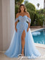 Light Blue Sparkly Tulle Off Shoulder Slit A Line Prom Gown With Overskirt, PD4274