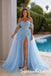 Light Blue Sparkly Tulle Off Shoulder Slit A Line Prom Gown With Overskirt, PD4274
