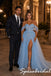 Light Blue Sparkly Tulle Off Shoulder Slit A Line Prom Gown With Overskirt, PD4274