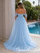 Light Blue Sparkly Tulle Off Shoulder Slit A Line Prom Gown With Overskirt, PD4274