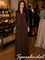 Elegant Rich Brown Gathered Bust Long Sleeve Pleated Skirt Floor Length Prom Dress, PD4275