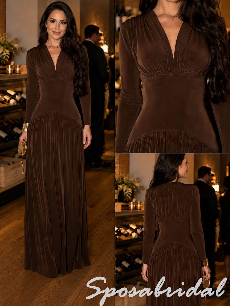 Elegant Rich Brown Gathered Bust Long Sleeve Pleated Skirt Floor Length Prom Dress, PD4275