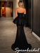 Elegant Black Satin Strapless Peplum Sheer Mermaid Formal Long Dress, PD4276