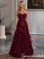 Luxe Burgundy Satin Strapless Sweetheart Formal Gown Tiered Ruffle Train, PD4277