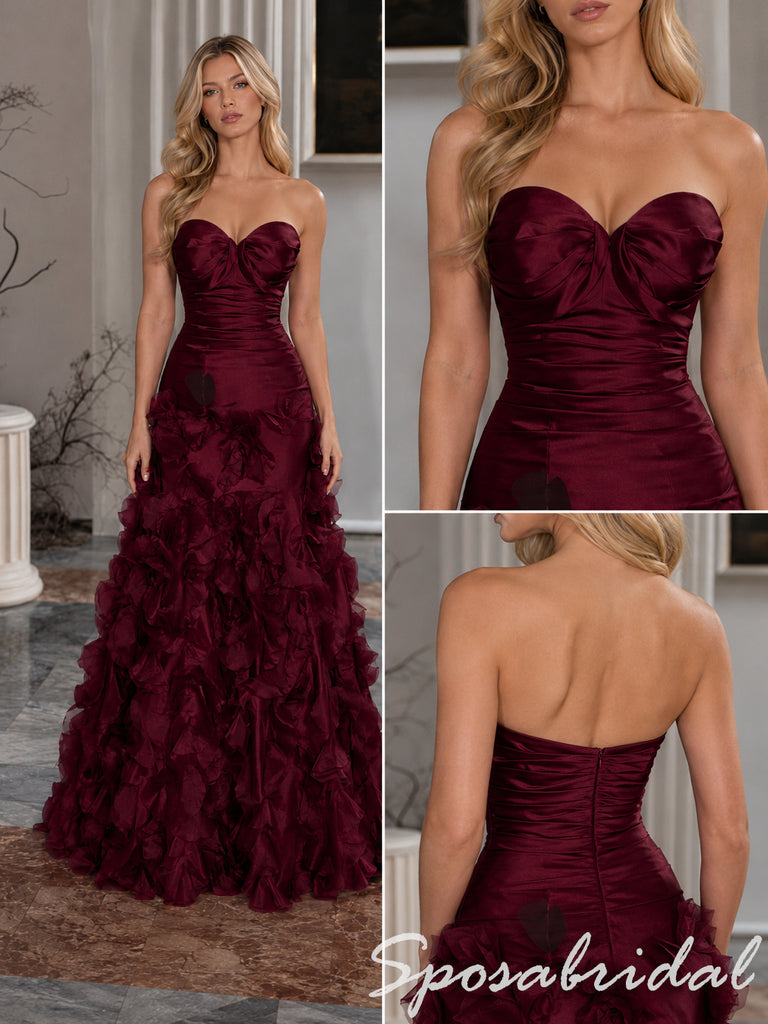 Luxe Burgundy Satin Strapless Sweetheart Formal Gown Tiered Ruffle Train, PD4277