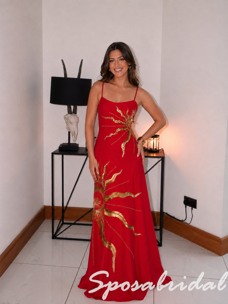 Sparkly Red Satin Spaghetti Straps Gown With Gold Sun Embroidery, PD4278