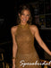 Sparkly Gold Sequin Beaded Halter Sheath Formal Dress Open Back, PD4279