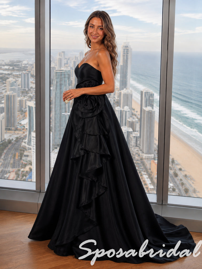 Elegant Black Satin Strapless Ball Gown With Large 3D Rose, PD4282