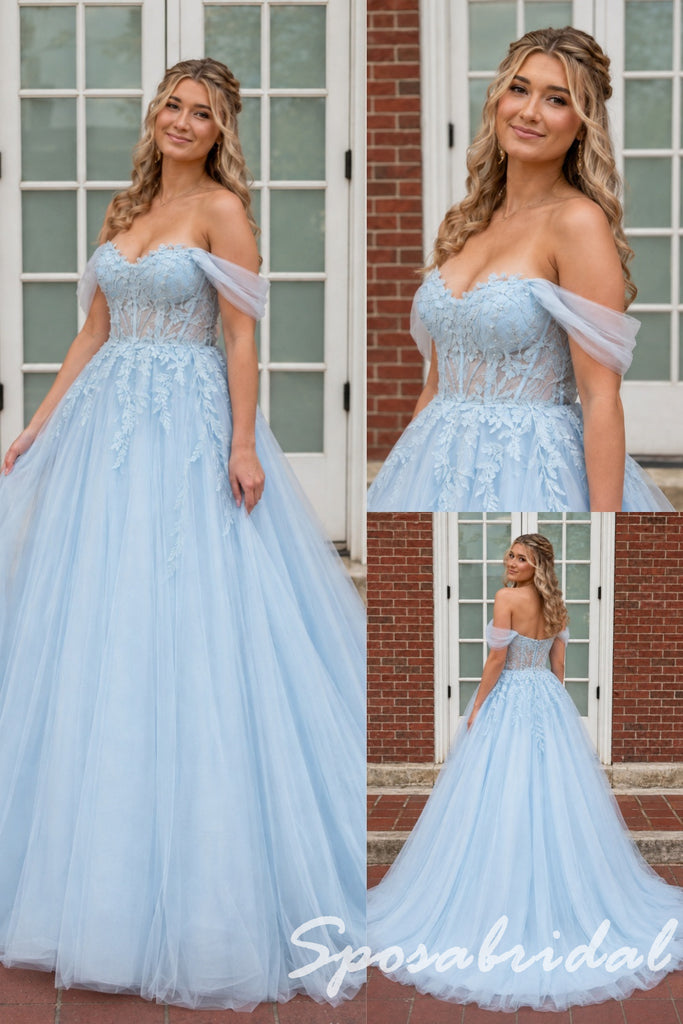 Romantic Light Blue Tulle Corset Prom Ball Gown with Lace Appliques, PD4284
