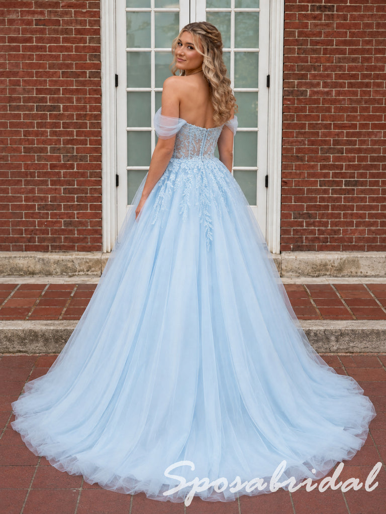 Romantic Light Blue Tulle Corset Prom Ball Gown with Lace Appliques, PD4284