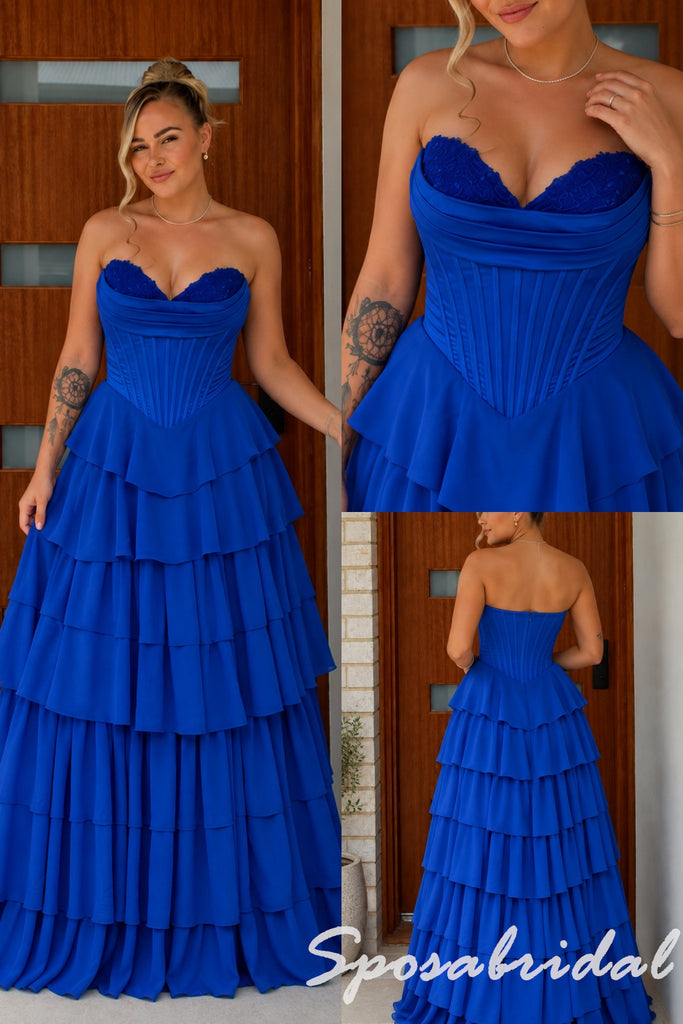 Elegant Strapless Tiered Chiffon Corset Long Prom Dress, PD4286