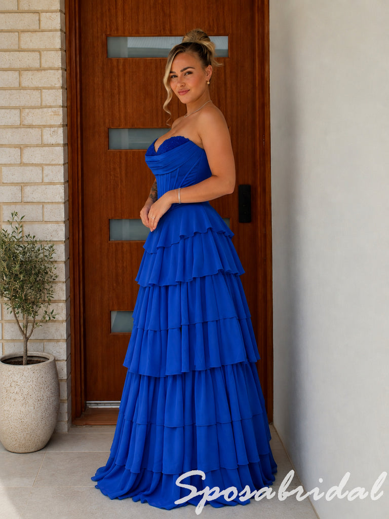 Elegant Strapless Tiered Chiffon Corset Long Prom Dress, PD4286