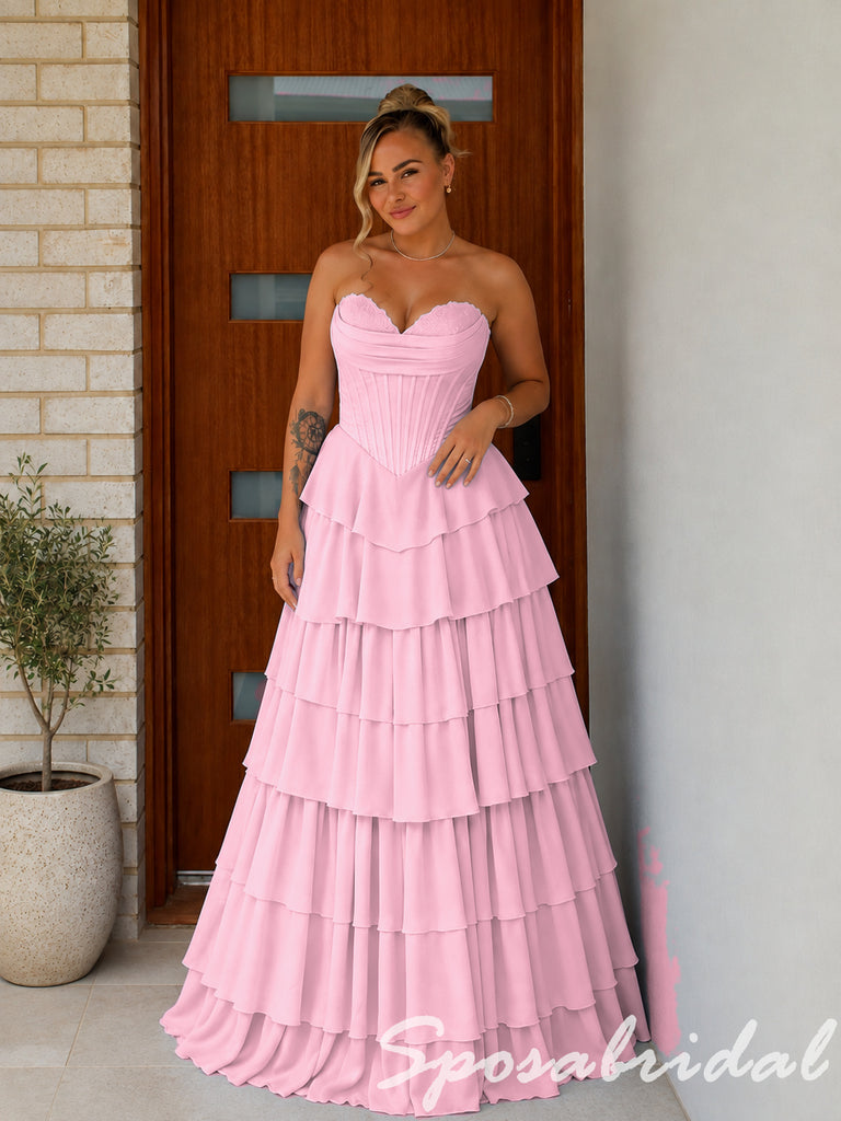 Elegant Strapless Tiered Chiffon Corset Long Prom Dress, PD4286