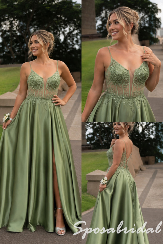 Chic Spaghetti Strap Sage Green Satin Lace Corset Slit Prom Gown, PD4287