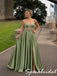Chic Spaghetti Strap Sage Green Satin Lace Corset Slit Prom Gown, PD4287