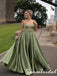 Chic Spaghetti Strap Sage Green Satin Lace Corset Slit Prom Gown, PD4287