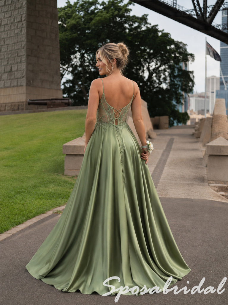 Chic Spaghetti Strap Sage Green Satin Lace Corset Slit Prom Gown, PD4287