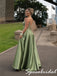 Chic Spaghetti Strap Sage Green Satin Lace Corset Slit Prom Gown, PD4287
