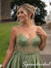Chic Spaghetti Strap Sage Green Satin Lace Corset Slit Prom Gown, PD4287