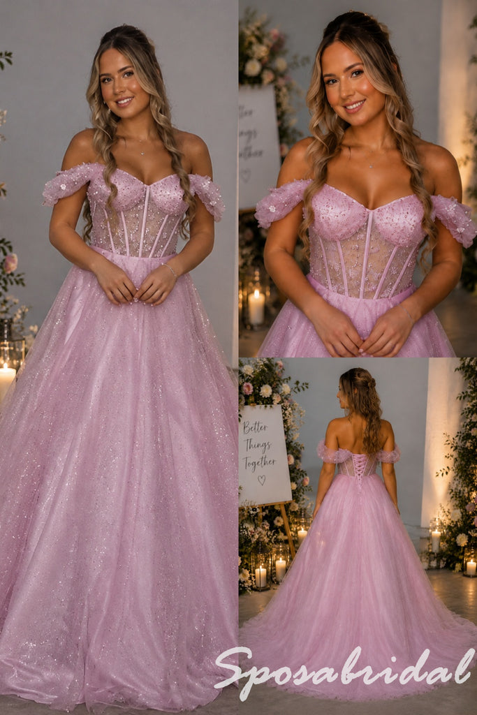 Romantic Off Shoulder Pink Glitter Tulle Corset Ball Prom Dress, PD4288