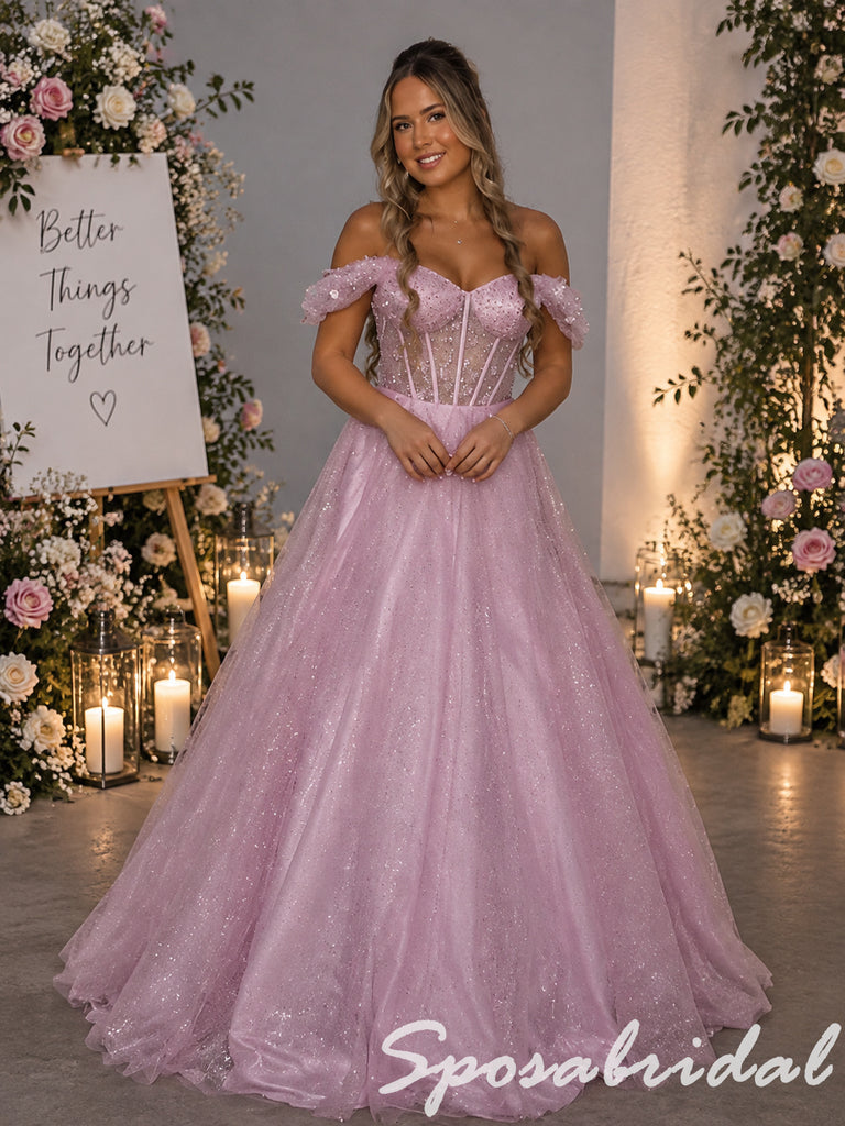 Romantic Off Shoulder Pink Glitter Tulle Corset Ball Prom Dress, PD4288