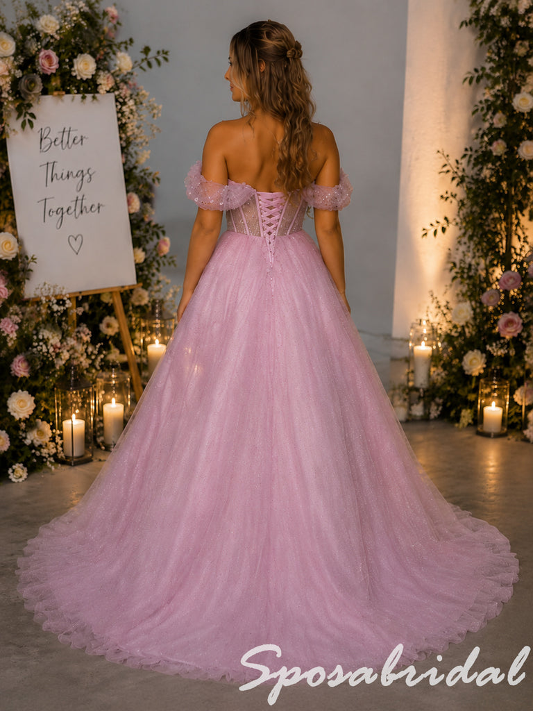 Romantic Off Shoulder Pink Glitter Tulle Corset Ball Prom Dress, PD4288