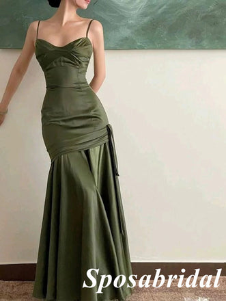 Sexy Satin Spaghetti Straps Sleeveless Mermaid Long Prom Dresses With Bow Tie, PD3906