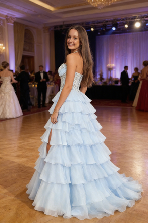 Sexy Light-Blue Chiffon Sweetheart Boning Pleated A-Line Floor Length Prom Dress With Split, PD4110