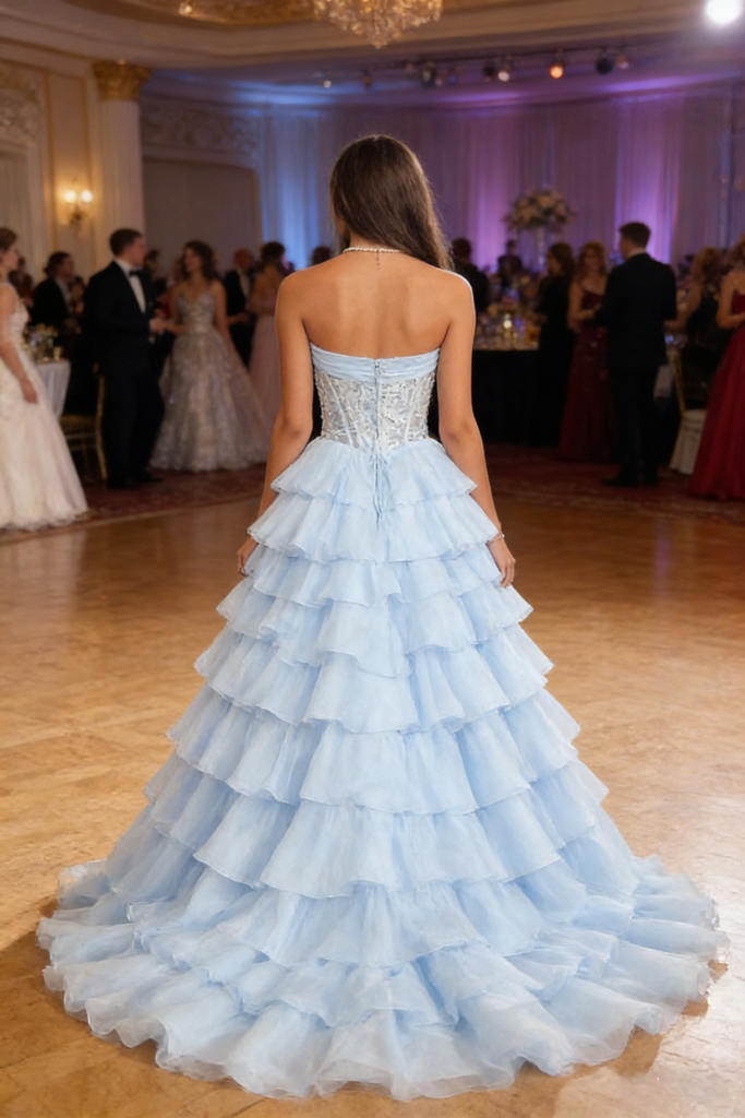 Sexy Light-Blue Chiffon Sweetheart Boning Pleated A-Line Floor Length Prom Dress With Split, PD4110