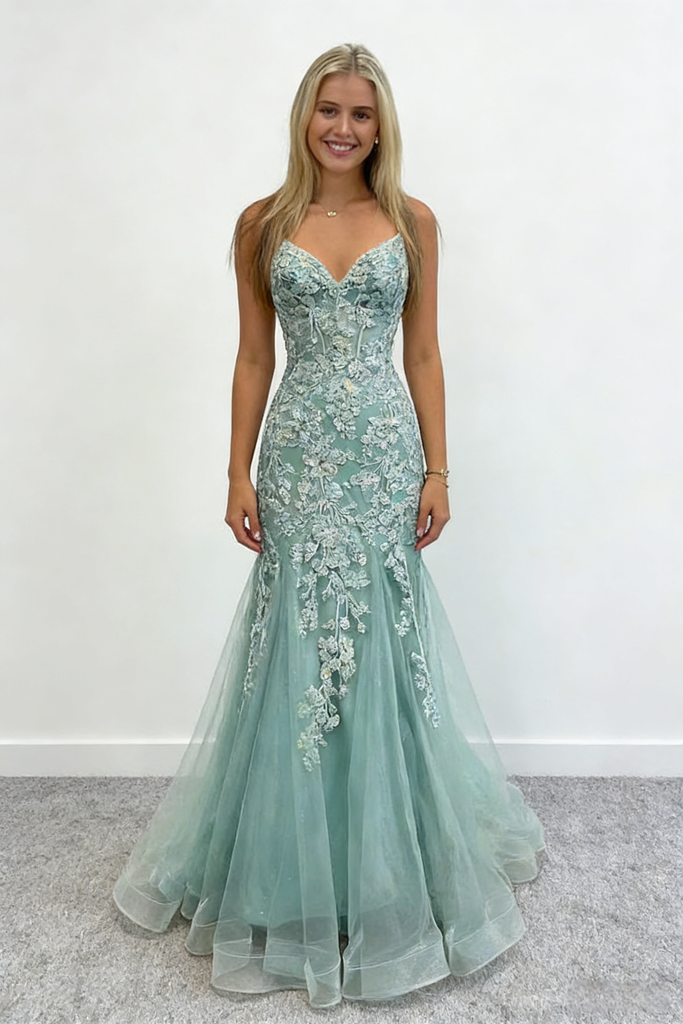 Sexy Tulle Spaghetti Straps V-Neck Lace Appliques Mermaid Floor Length Prom Dress, PD4120