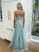 Sexy Tulle Spaghetti Straps V-Neck Lace Appliques Mermaid Floor Length Prom Dress, PD4120
