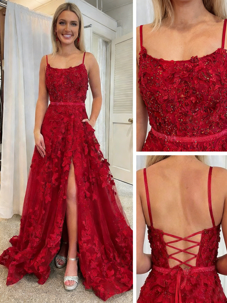 Sexy Tulle Lace Spaghetti Straps Square Side Slit A-Line Floor Length Prom Dress, PD4118