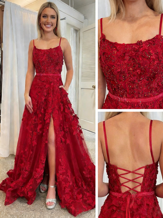 Sexy Tulle Lace Spaghetti Straps Square Side Slit A-Line Floor Length Prom Dress, PD4118